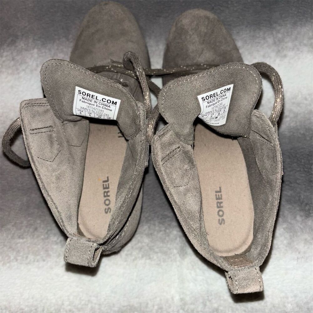 SOREL Evie Taupe Grey Suede Lace Up Waterproof Wedge Ankle Bootie Size 8 - Picture 9 of 12